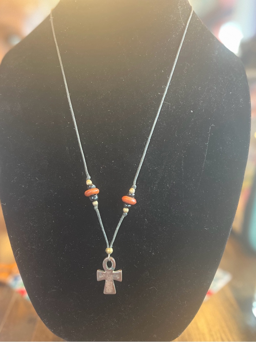 Handmade Ankh Pendant Necklace with Orange Accent Beads